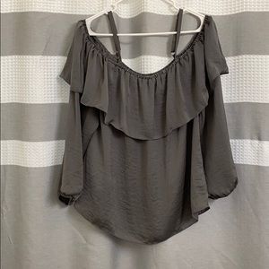 Gray silk off the shoulder top